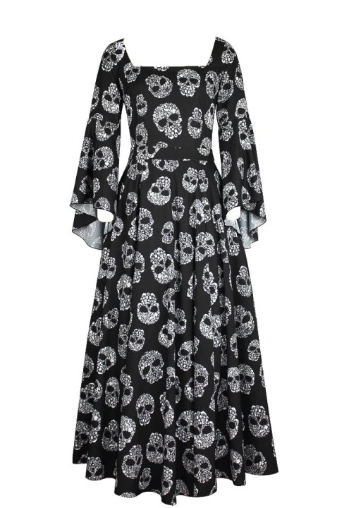 Plus Size Black w/ Skull Print Long Gothic Renaissance Chiffon Dress ...