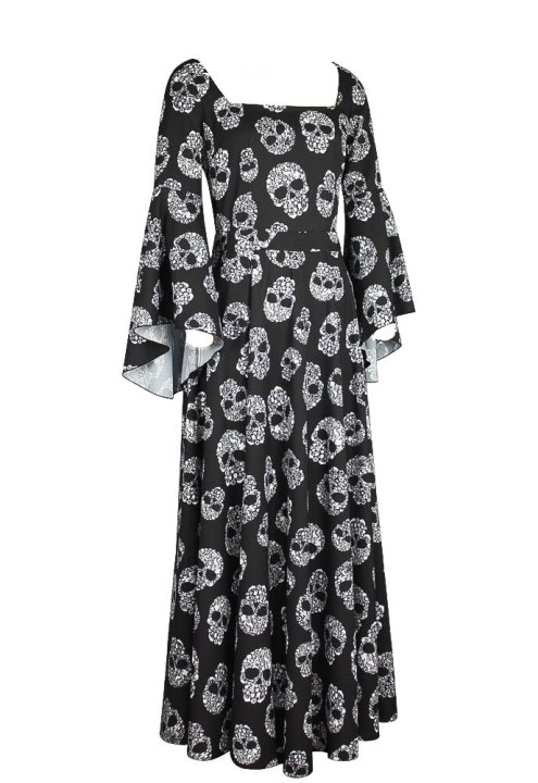 Plus Size Black w/ Skull Print Long Gothic Renaissance Chiffon Dress ...