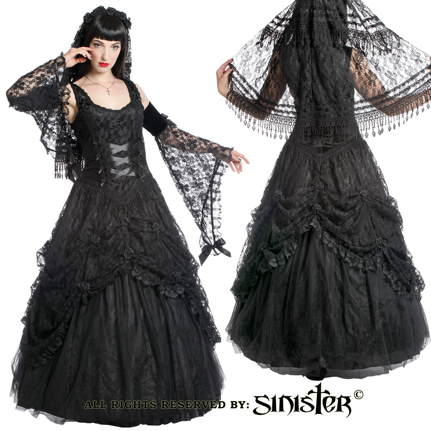 Sinister Gothic Plus Size Black Satin Lace & Tulle w Rosettes Long