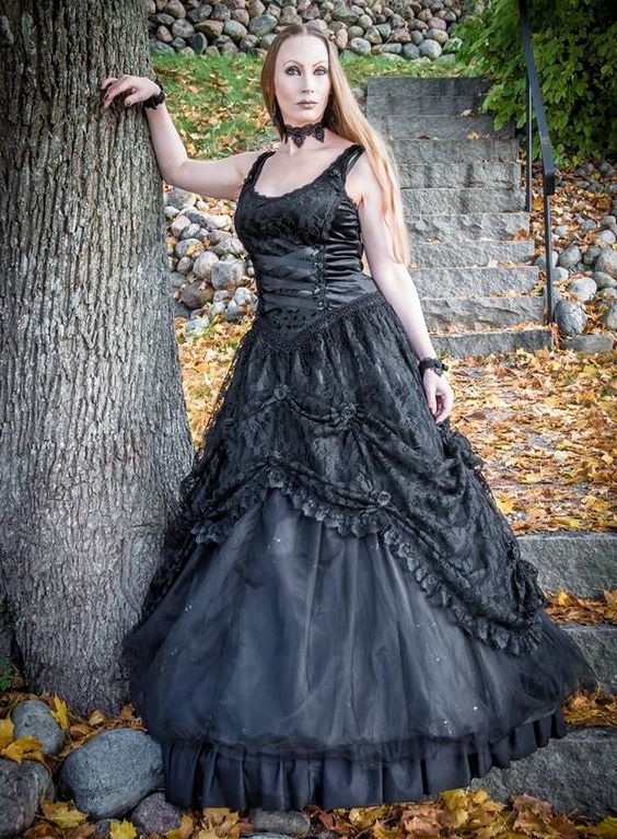 Sinister Gothic Plus Size Black Satin Lace Tulle W Rosettes Long Wedding Gown 914Black