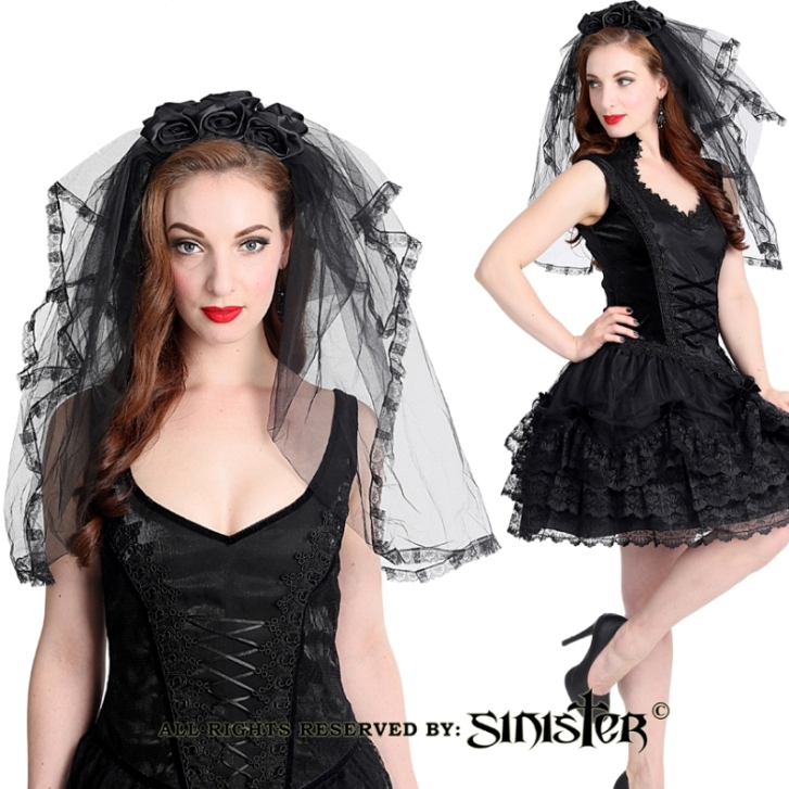 Sinister Gothic Black Tulle Ruffled Lace Wedding Veil w Roses [H014 ...