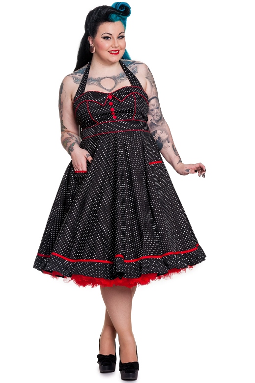 Bunny Plus Size Rockabilly Black & White Polka Dot w Red Trim Pinup Vanity Dress [HB4114BW] - $69.99 Mystic Crypt, the unique, hard to find items at ghoulishly prices!