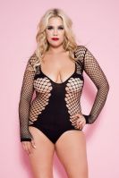 Plus Size Black Long Sleeve Diamond Net Teddy