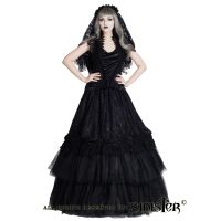 Sinister Gothic Plus Size Black Satin Lace & Tulle w Rosettes Long