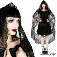 Sinister Gothic Long Black Tulle Wedding Veil w Broad Lace Trim