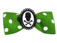 Hairy Scary Green & White Polkadot Bow w Skull & Crossbones Cameo Jezebow Hair Clip