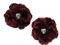 Hairy Scary Black w Red Glitter Rosie the Reaper Skull Hair Clip Set